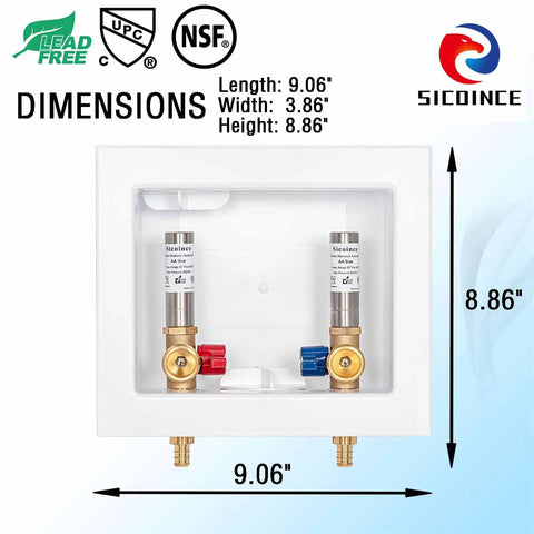 Washer Outlet Box With Water Hammer Arrestor And Valves For Quiet Laundry showing dimensions and connections