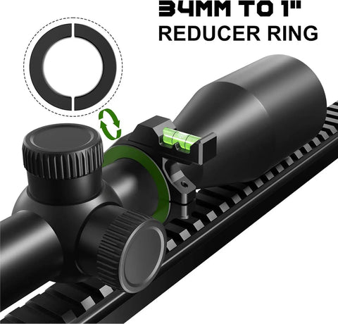 Scope Bubble Level For 25.4mm, 30mm And 34mm Tubes attached to rifle with 34mm to 1" reducer ring