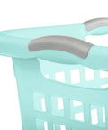 Close-up of aqua chrome handle detail on Six Pack Plastic Laundry Basket Hamper Set 2 Bushel Ultra Aqua Chrome Beastly Capacity