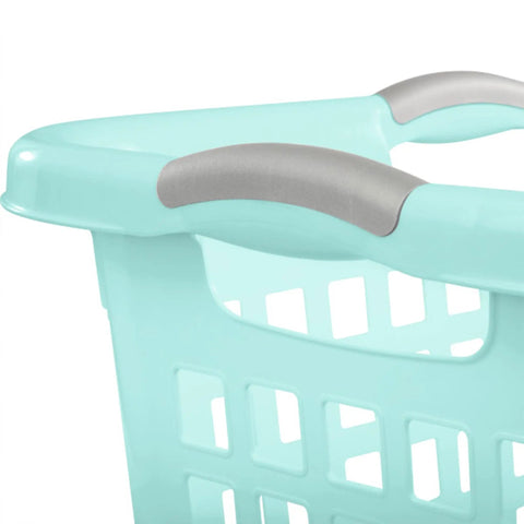 Close-up of aqua chrome handle detail on Six Pack Plastic Laundry Basket Hamper Set 2 Bushel Ultra Aqua Chrome Beastly Capacity
