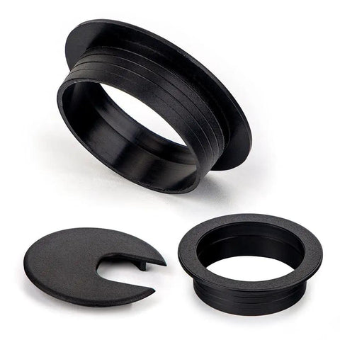 Black plastic grommets from 10 Pack Round Desk Grommets For Cable Management, Black Plastic Hole Covers, Wire Organizer Caps with 63.5mm opening.