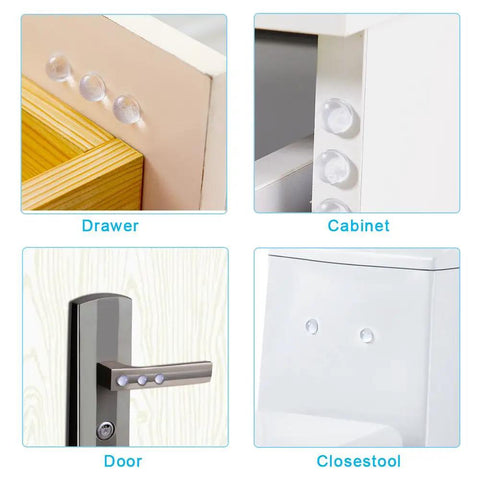 Clear Self Stick Rubber Feet Bumper Pads for Doors, Cabinets, Drawers, and Closets, preventing scratches and rattles