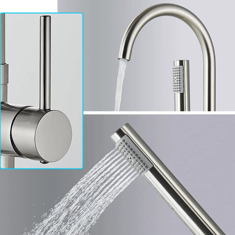 Floor Mounted Freestanding Tub Filler Faucet With Handheld Shower In Brushed Nickel Finish Stainless Steel Bathroom Tap