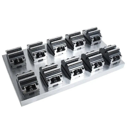 Built Tough Heavy Duty CNC Vise With Four Five Axis Turntable Fixture Self Centering Design for workholding, featuring flat jaw grips.