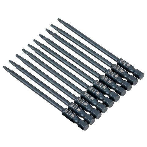 Grab These 10Pcs S2 Alloy Steel Screwdriver Bits With 100Mm Length And T10 Security Star Hex Shank Design For Heavy Torque Drills Rust Proof Power Tools, 10-piece bit set