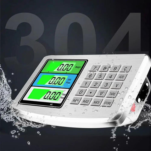 Digital display of Heavy Duty Digital Platform Scale With Slick Folding Design And Compact Storage For Weighing Luggage And Shipping Boxes Up To Three Hundred Kilos Featuring Quick Lbs Kgs Switch And Direct Reading Price Calculator.
