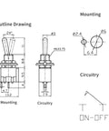 Technical diagram of SPST Mini Toggle Switch 2 Pin 2 Position On Off 6A 125V Latching Toggle Switch MTS101, showing dimensions.