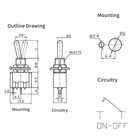 Technical diagram of SPST Mini Toggle Switch 2 Pin 2 Position On Off 6A 125V Latching Toggle Switch MTS101, showing dimensions.
