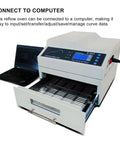 3300W Automatic Reflow Soldering Machine With LCD Screen next to a computer, showing sliding drawer and SMT oven.