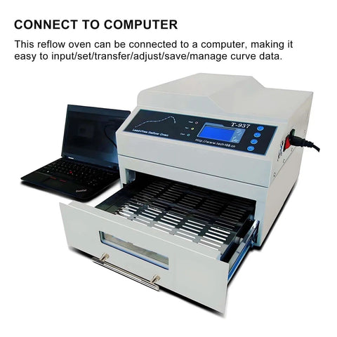 3300W Automatic Reflow Soldering Machine With LCD Screen next to a computer, showing sliding drawer and SMT oven.
