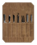 Waxed Canvas Chef Knife Storage Bag For Picnics Camping And Barbecues Portable Kitchen Organizer With knives visible inside.