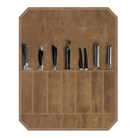 Waxed Canvas Chef Knife Storage Bag For Picnics Camping And Barbecues Portable Kitchen Organizer With knives visible inside.