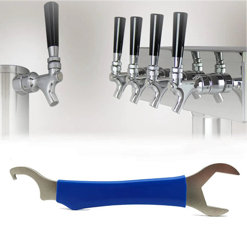Heavy Duty Beer Faucet Wrench For Draft Systems with hex nut and keg spanner, shown near chrome beer taps, perfect for home bar setups