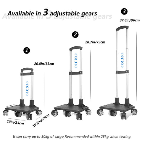 Folding Five Wheel Luggage Cart With Adjustable Height In Three Positions, showing height levels and compact design with wheels visible.