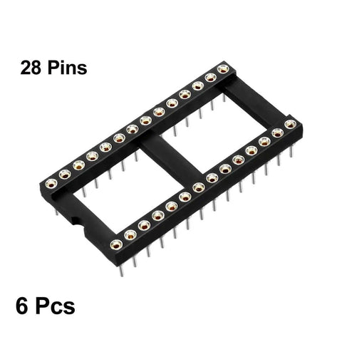 Six Pack DIP IC Socket Adapters, 28 Pin Dual Row, 2.54mm Pitch, 15.24mm Row Spacing, Black And Silver Tone, 6 pieces displayed.