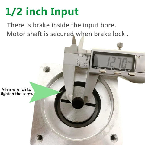 Planetary gearbox 20:1 Nema 34 gear head with 1/2 inch input shaft; front view shows 12.70 mm bore.