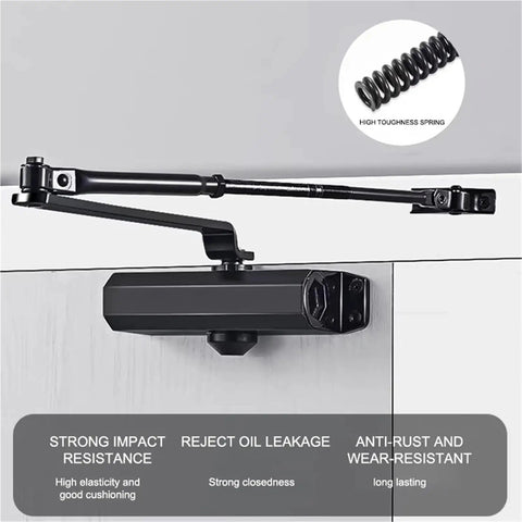 Beefy Hydraulic Door Closer 25Kg To 80Kg, Adjustable Speed, Ultra Quiet Soft Close, Durable Steel Build with spring detail.