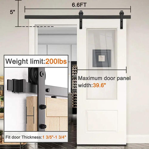 Solid 6 Foot Barn Door Sliding Hardware Kit With Smooth As Butter Glide And Easy No Sweat Diy Install For Single Interior Doors Matte Black Heavy Steel Track shown with dimensions and weight limit.