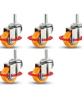 Butter Smooth Rolling Soft Nylon Caster Wheels For Office Gaming And Trolley Chairs With Rock Solid Heavy Duty Threaded Stem Replacement Set Of Five In Burnt Orange Finish, showcasing five wheels with a shiny metal stem.