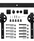 Black Steel Sliding Barn Door Hardware Kit With Heavy Duty Big Rollers For 5Ft To 9.6Ft Track Systems displayed with components
