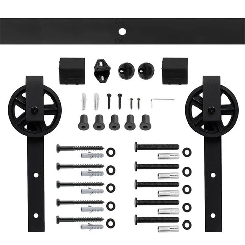Black Steel Sliding Barn Door Hardware Kit With Heavy Duty Big Rollers For 5Ft To 9.6Ft Track Systems displayed with components