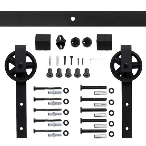 Black Steel Sliding Barn Door Hardware Kit With Pro Grade Big Rollers And Long 6 Ft Track For Closet Doors components