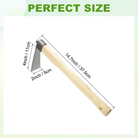 Heavy Duty Narrow Hoe 15 Inch Stainless Steel Mattock Garden Tool With Waxed Wood Handle dimensions shown.