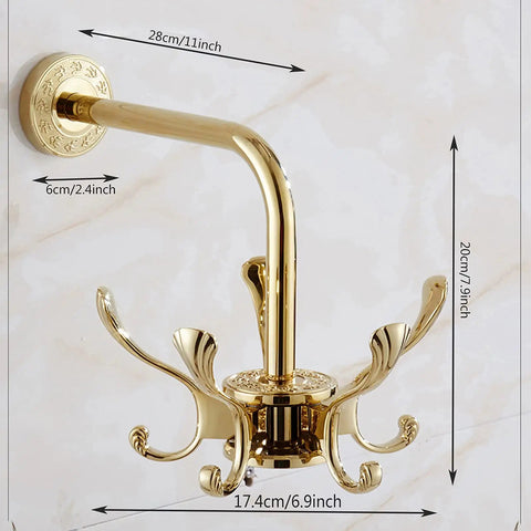 Straight Up Solid Wall Mounted Coat Rack With Five Rotating Metal Hooks Gold finish, 28cm height, for coats and hats.
