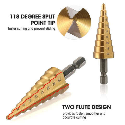 Pro Grade 3 Piece Step Drill Bit Set With Titanium Coated High Speed Steel For Plastic Aluminum And Sheet Metal Drilling
