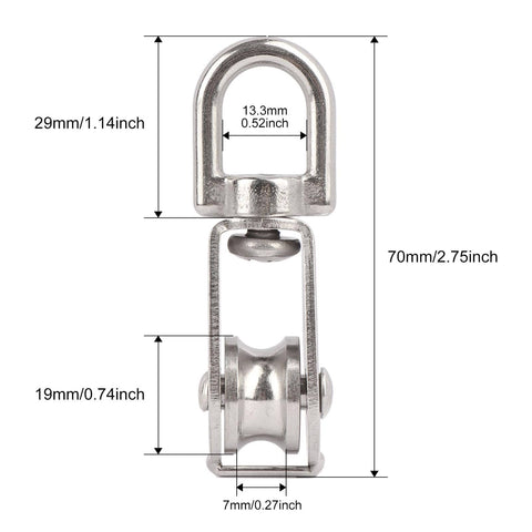 4 Pack M20 Single Pulley Snatch Block Stainless Steel 304 with Swivel Hook showing measurements and dimensions.