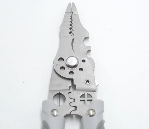 Close-up of 21 In 1 Wire Stripper And Multi Function Tool For Electrical Work, showing the 8.2 inch high carbon steel cutter and crimper.