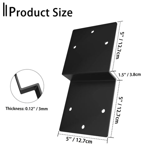 Beefy Z Shape Deck Brackets 4 Pack Heavy Duty Steel 5x5 Inch Joist Tie Plates Double Angle Connectors for Pergolas Carports Garden Arbors and Wood Shelves Beam Support 3 mm Thick Black Finish