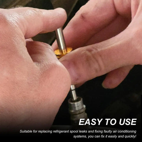 Hands using Air Conditioning Valve Core Kit For Most Cars With R12 R134a Compatible Cores And Teflon Seals Refrigeration Service Valves Removal Tool AC Repair Valves And HVAC System Charging Port Seal Cap Set