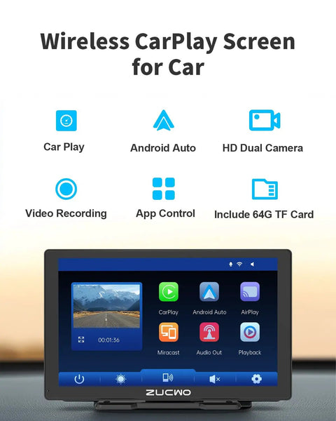 9 Inch Wireless CarPlay Screen For Cars With Android Auto, Touch Screen Display showing interface icons on dashboard mount