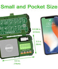 Pocket Scale 500g 0.01g With Backlit Display Jewelry And Coin Scale Precision Gram Scale Six Weighing Units Dual Powered USB Or 2 AAA Batteries Zipper Case Cal Weight USB Cable Included shown with measurements and smartphone