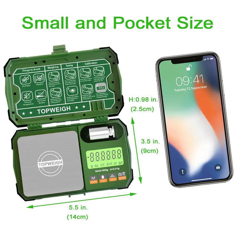 Pocket Scale 500g 0.01g With Backlit Display Jewelry And Coin Scale Precision Gram Scale Six Weighing Units Dual Powered USB Or 2 AAA Batteries Zipper Case Cal Weight USB Cable Included shown with measurements and smartphone