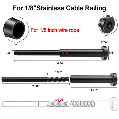40 Pack One Eighth Inch Invisible Cable Railing Kit For 2x2 And 4x4 Posts With Black Stainless Steel Receiver And Swage Stud Ends Deck And Stair Railing Hardware No Bulky Turnbuckles, showing dimension details of components