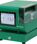 Heavy Duty Digital Time Recorder Featuring Solid Steel Construction And Bright Backlit Lcd Display showing time on a green clock.