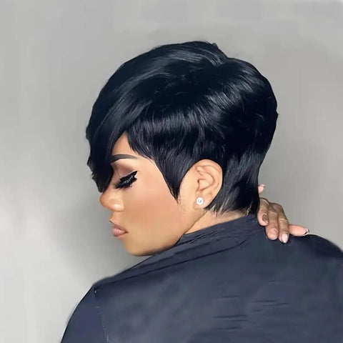 Short Pixie Cut Wig for Black Women With Bangs, Layered Virgin Human Hair, Side Part, Glueless Wear-and-Go, Full Machine-Made Wig, Effortless Chic Style, Tangle-Free and Soft side view