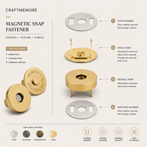 Straight Up Heavy Duty Magnetic Snap Buttons With A Tight Grip Clasp Ideal For Purse Crafting And Jacket Repair Kits Includes Full Hardware No Sweat Install Gold Size components diagram, includes washers and male/female parts.