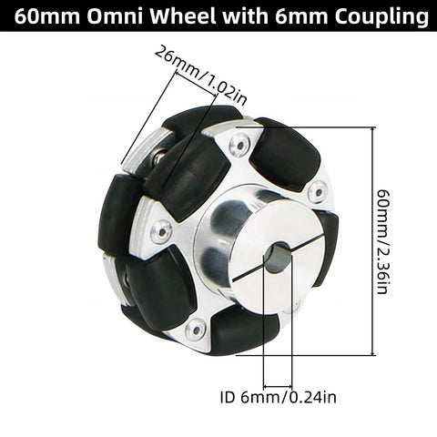 60mm Omni Wheel for Robotics featuring aluminum alloy hub and rubber tire, 6mm coupling, suitable for ROS chassis and 4WD robots.