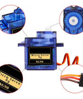 Close-up of Eight Piece SG90 9G Micro Servo Motors Kit for RC Projects and Arduino with wires and gears visible