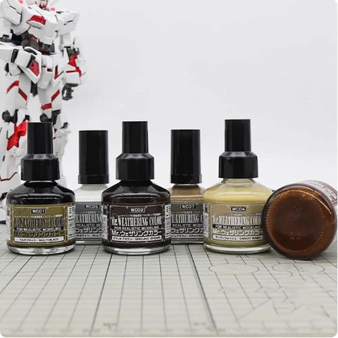 Next Level Panel Wash Liner Fluid For Model Kits And Military Dioramas in 40ml bottles displayed with a model kit