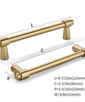 5 Pack Brushed Brass Cabinet Pulls Zinc Alloy Die Cast Modern Minimalist Hardware For Kitchen Bath And Bedroom Cabinets, dimensions labeled