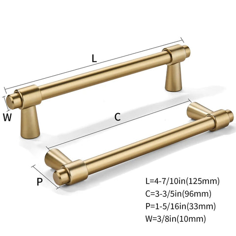 5 Pack Brushed Brass Cabinet Pulls Zinc Alloy Die Cast Modern Minimalist Hardware For Kitchen Bath And Bedroom Cabinets, dimensions labeled