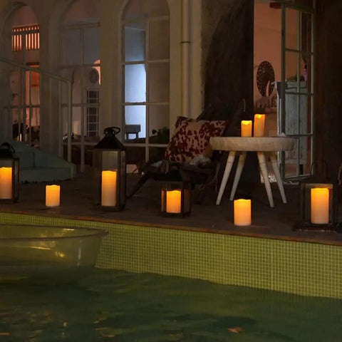 Outdoor Waterproof Flameless LED Pillar Candles Set 6 8 10 Inch with Remote and Timer on patio by pool