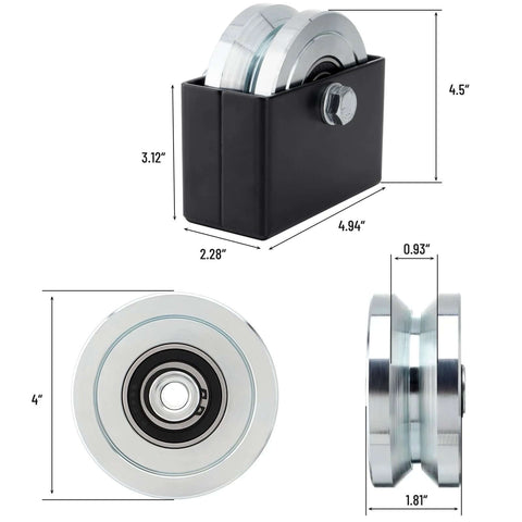 4 Inch V Groove Slide Gate Wheel With Welded Bracket Box in black, heavy duty, rust resistant for sliding doors and gates