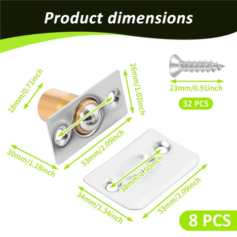 Eight Sets Stainless Steel Ball Catch With Adjustable Hidden Door Latch dimensions with screws, 8 pcs