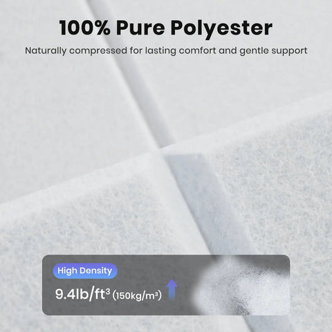 Close-up of 100% Pure Polyester soundproofing material, showcasing high density of 9.4lb/ft³. Ideal for 18 Pack Self Adhesive Acoustic Panels For Walls High Density Soundproof Foam Tiles 12 Inch Square White Squares Super Slick Noise Blocking Home Studio Wall Decor With Zero Drama Quick Mount.