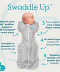 Image of a baby in a gray Swaddle Up Sleep Sack For Newborns, Arms Up Self Soothing Swaddle, with features listed around it.